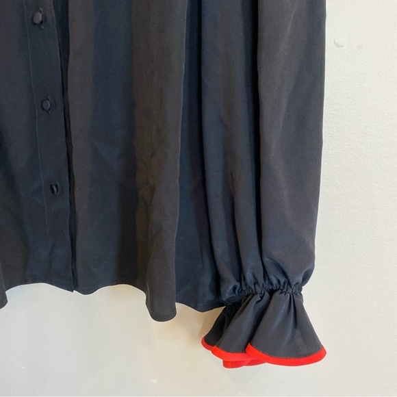 Trigeresport For Schrader 100% Silk Black Long Sleeve Top Red Ruffle Accents - Picture 4 of 6